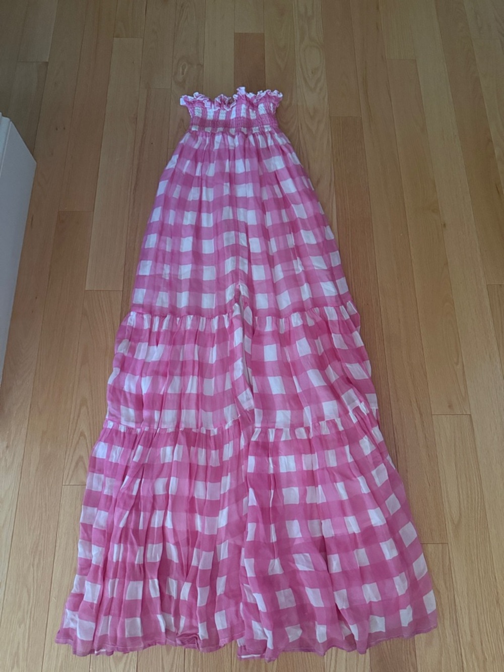 Smocked Pink Gingham Maxi Dress with Tiered Skirt